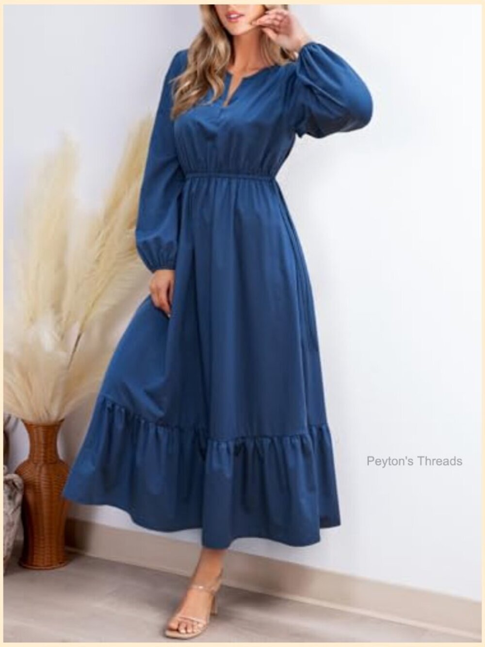 Long Sleeve V Neck A Line Tunic Waist Ruffled Maxi Party Dress - Picture 4 of 5